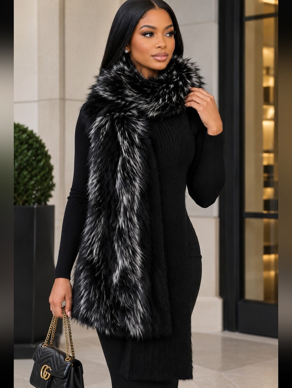 RARE Authentic GUGGI Luxury Silver Tipped Black Fox Fur Scarf/Shawl Wrap